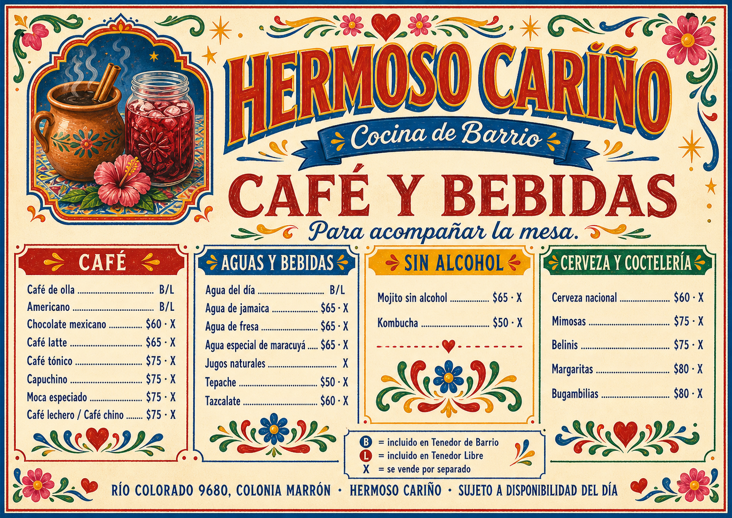 Menú de café y bebidas de Hermoso Cariño