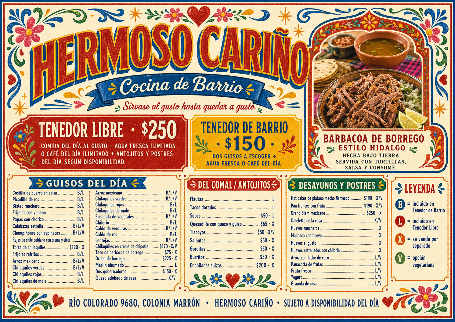 Menú de comida de Hermoso Cariño